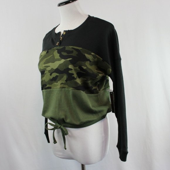 No Boundaries Juniors' Colorblock Top Long Sleeve Tie Waist Waffle Knit  Green - Picture 4 of 6